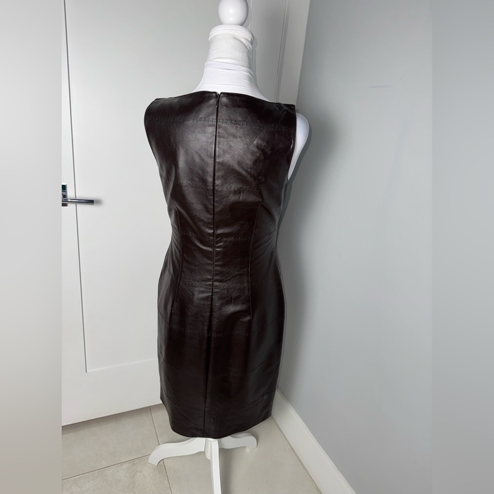 David Meister Brown Leather Sheath Dress/Size 4 - Picture 6 of 9